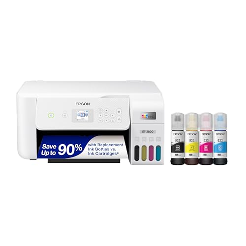 Epson EcoTank ET-2800 Wireless Color All-in-One Cartridge-Free Supertank Printer with Scan and Copy â€“ The Ideal Basic Home Printer - White, Medium